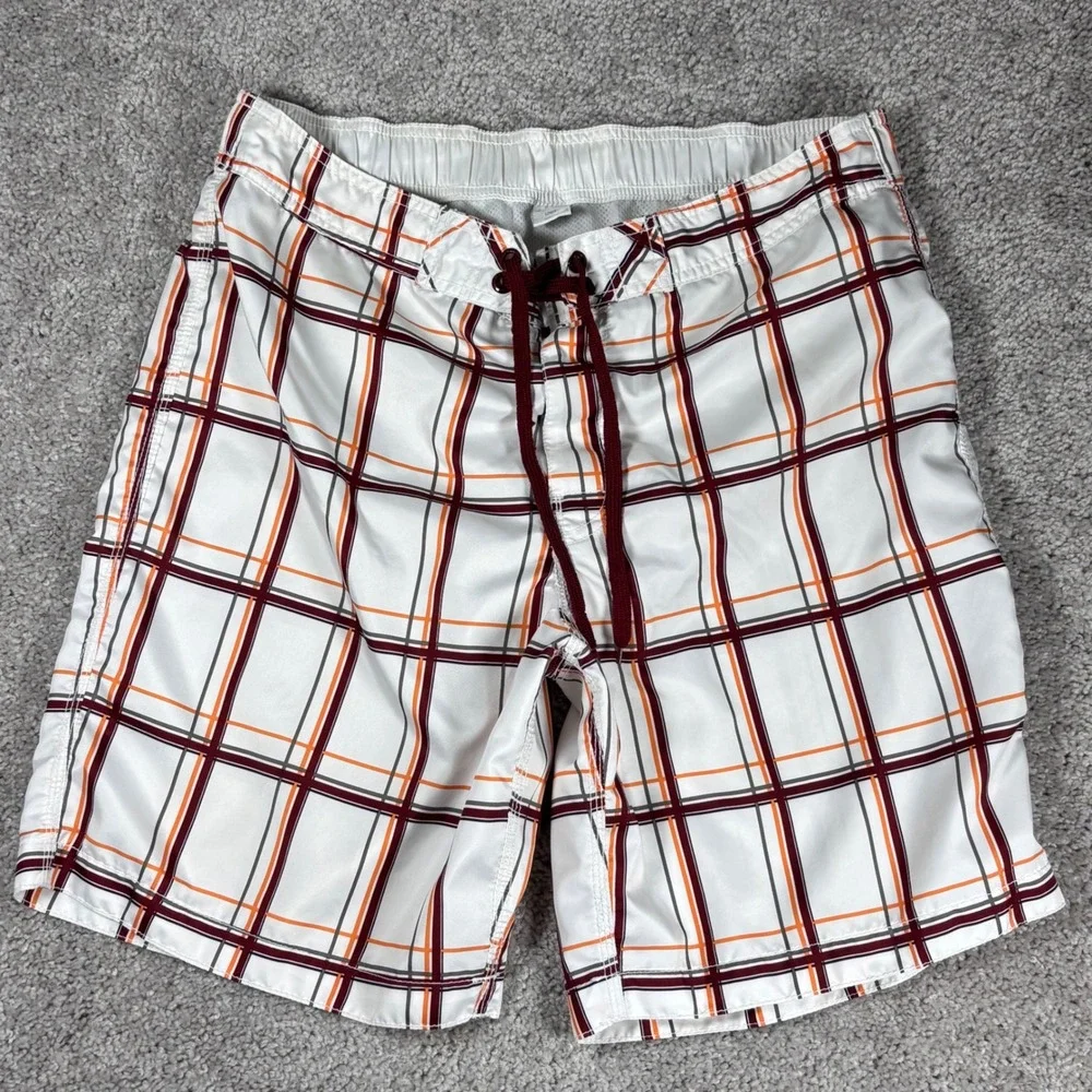 Old Navy Mens Plaid Swim Trunks Board Shorts White Orange Burgundy Size L